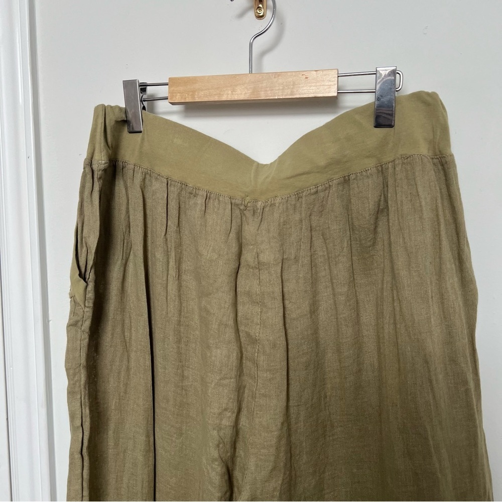 Olive Green 100% Linen Wide Leg Pants 1X High Waist Lightweight Summer Trousers - Picture 4 of 9